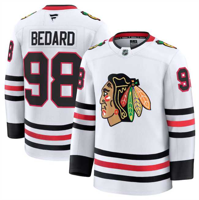 Men%27s Chicago Blackhawks #98 Connor Bedard White 2024-25 Away Stitched Hockey Jersey Dzhi